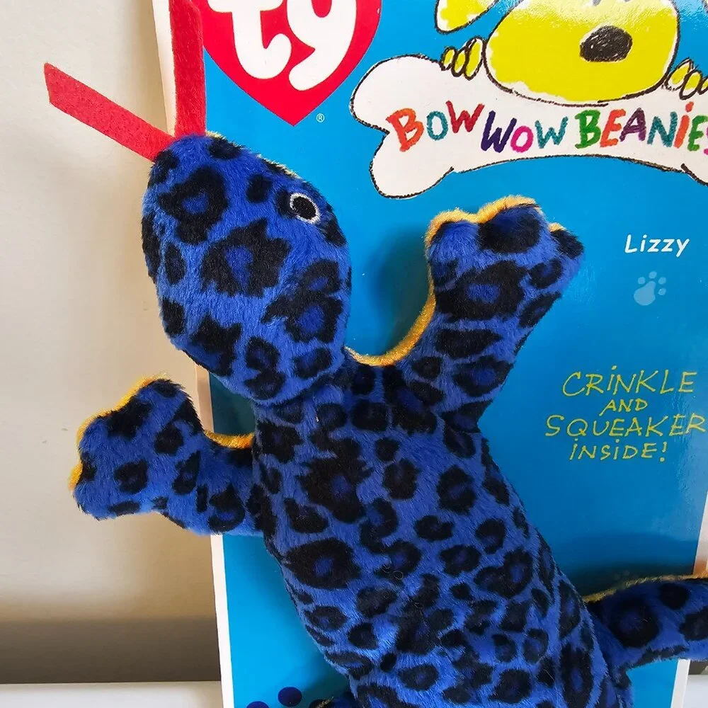 Ty Bow Wow Beanies Lizzy Lizard Dog Toy Crinkle Squeaker Blue Speckled NEW 2006